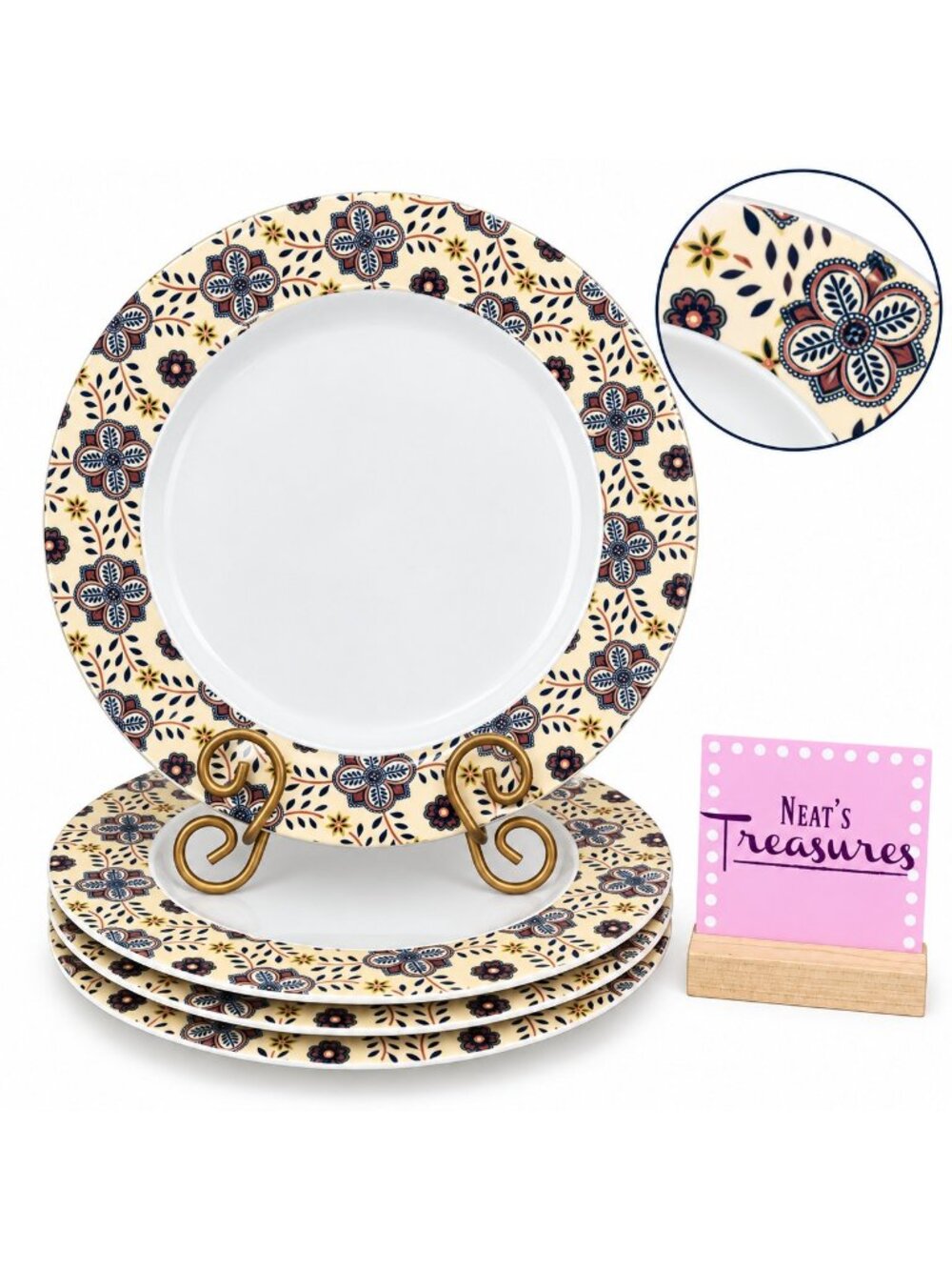 American Atelier TESSA 5824 Flowers Vines Stripes Stoneware Dinner Plates Set 4